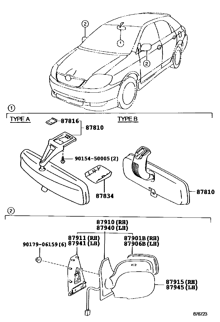 Toyota COROLLA 后视镜 EPC diagram — 876723A