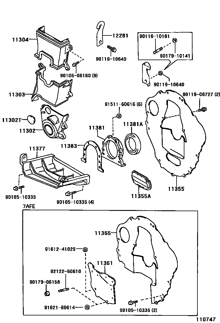 Toyota COROLLA Timing Gear Cover & Rear End Plate EPC diagram — 110747