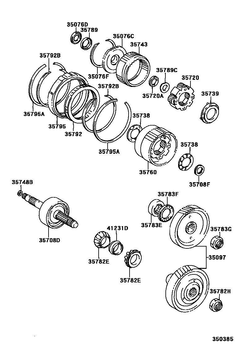 Toyota COROLLA 行星齿轮、倒档活塞和中间轴齿轮(ATM) EPC diagram — 350385