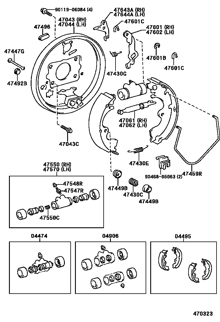 Toyota COROLLA 后鼓式制动器分泵和底板 EPC diagram — 470323