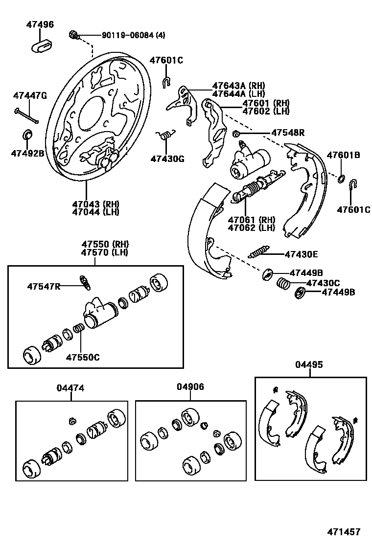 Toyota COROLLA 后鼓式制动器分泵和底板 EPC diagram — 471457