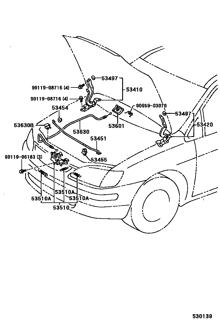 Toyota COROLLA 发动机盖锁和铰链 EPC diagram — 530139