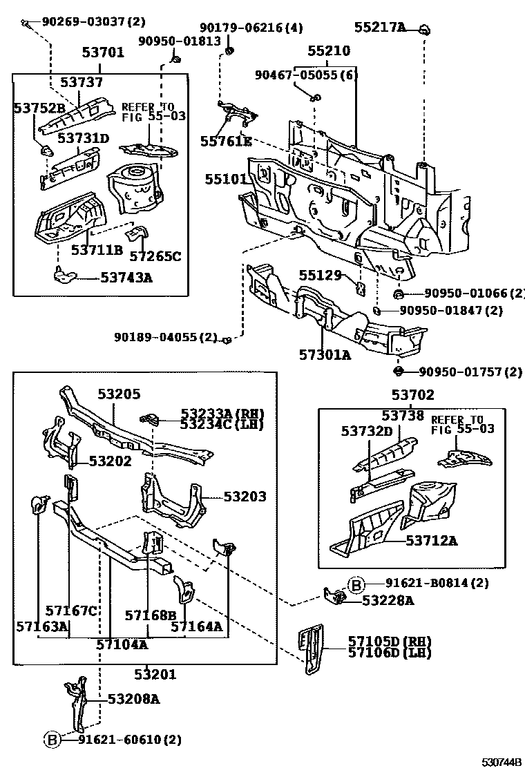 Toyota COROLLA 前翼子板挡泥板和前围板 EPC diagram — 530744B