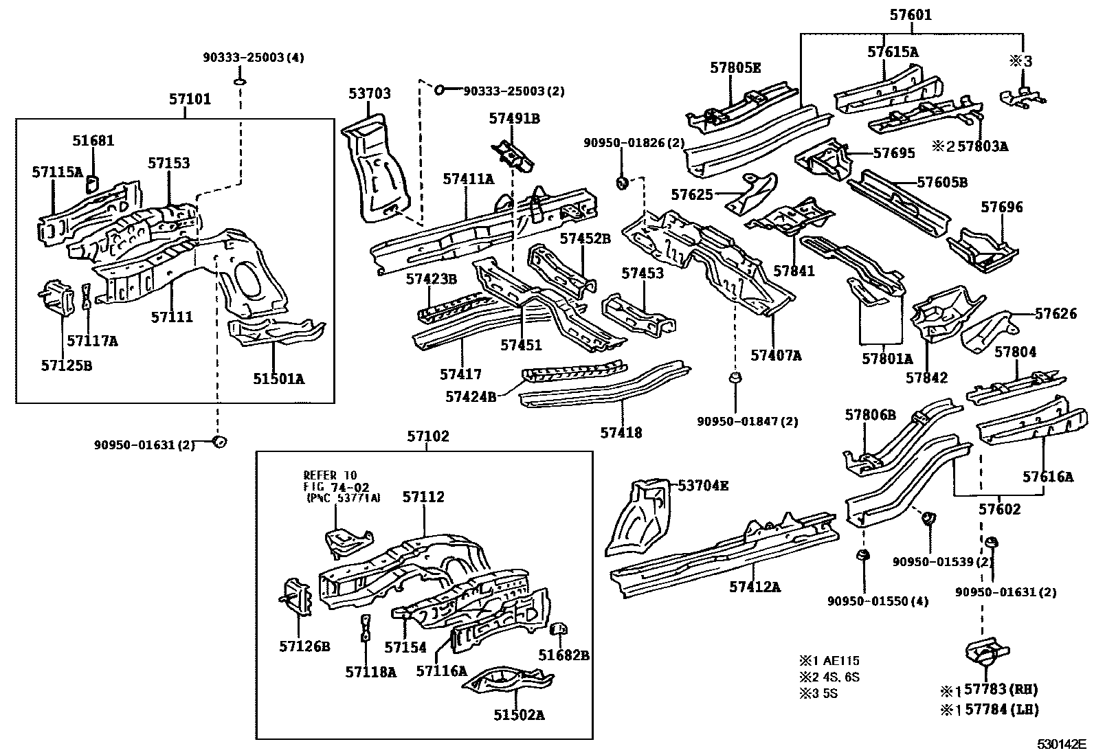 Toyota COROLLA Floor stringers EPC diagram — 530142E