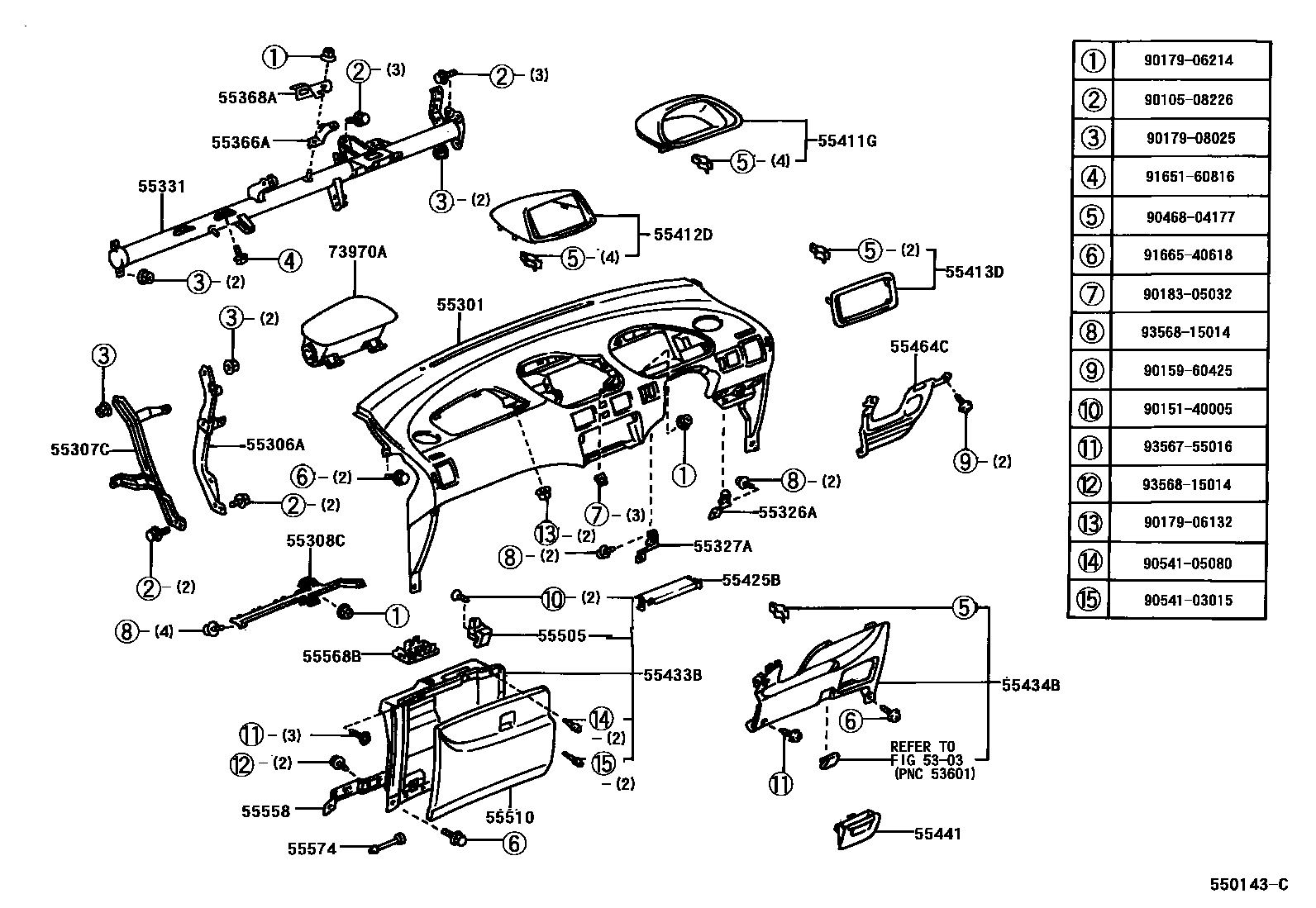 Toyota COROLLA 仪表板和手套箱 EPC diagram — 550143C
