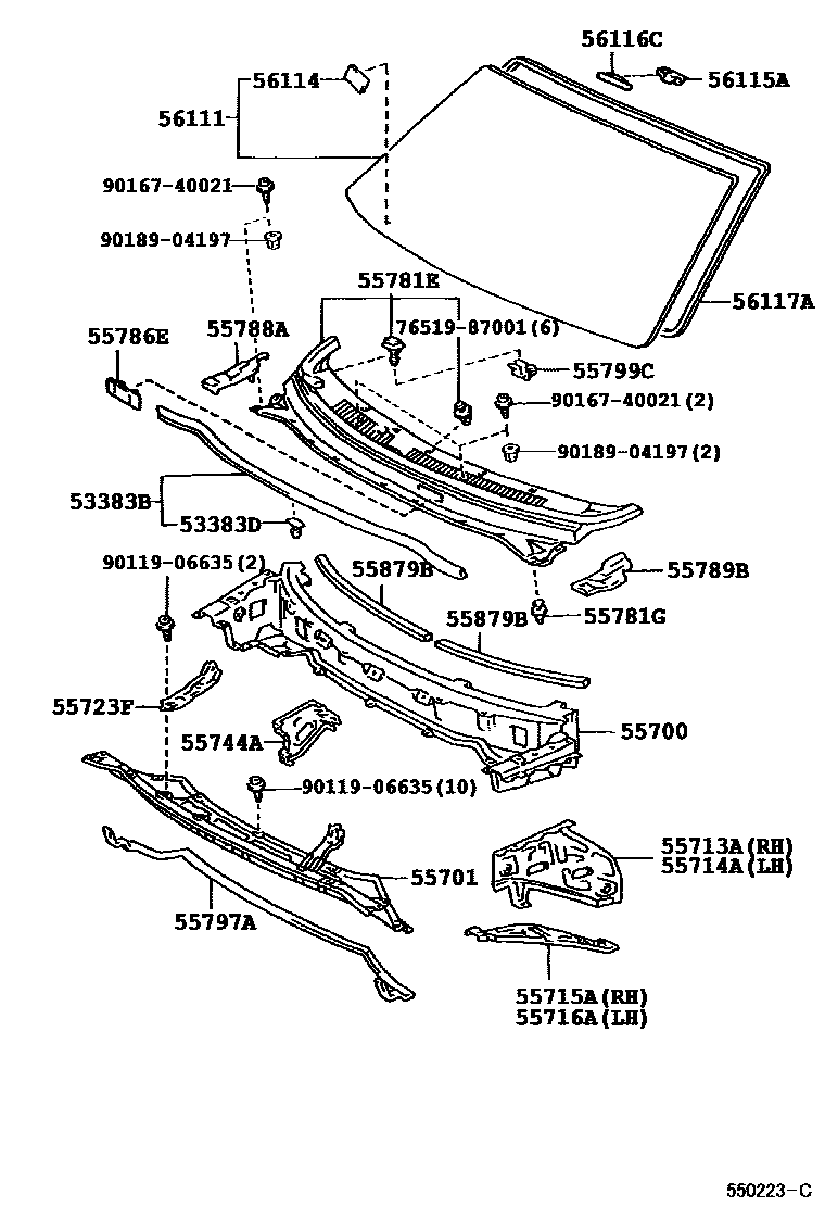 Toyota COROLLA 前围板和挡风玻璃 EPC diagram — 550223C