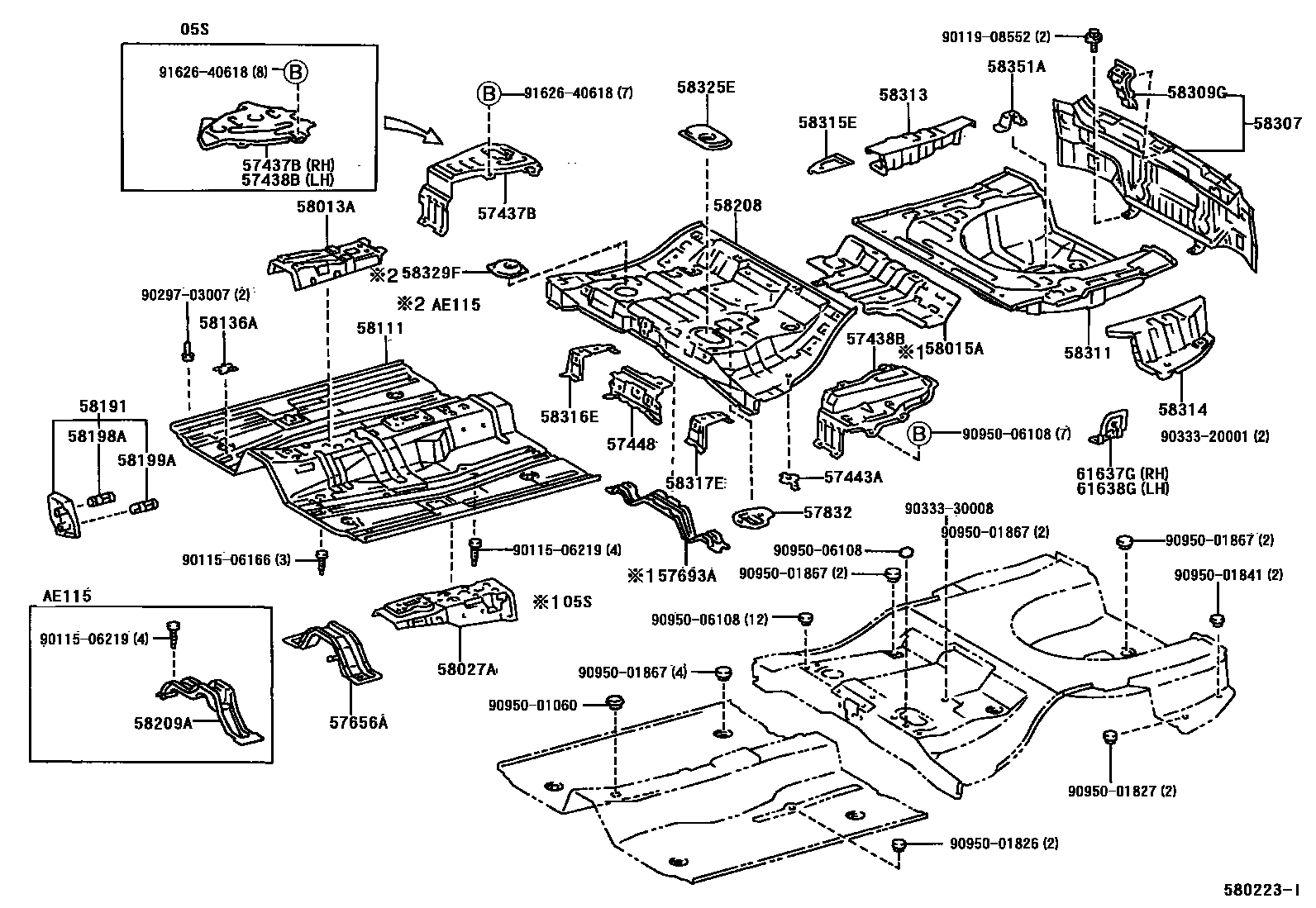 Toyota COROLLA 浅盘形地板和车身下背板 EPC diagram — 580223I