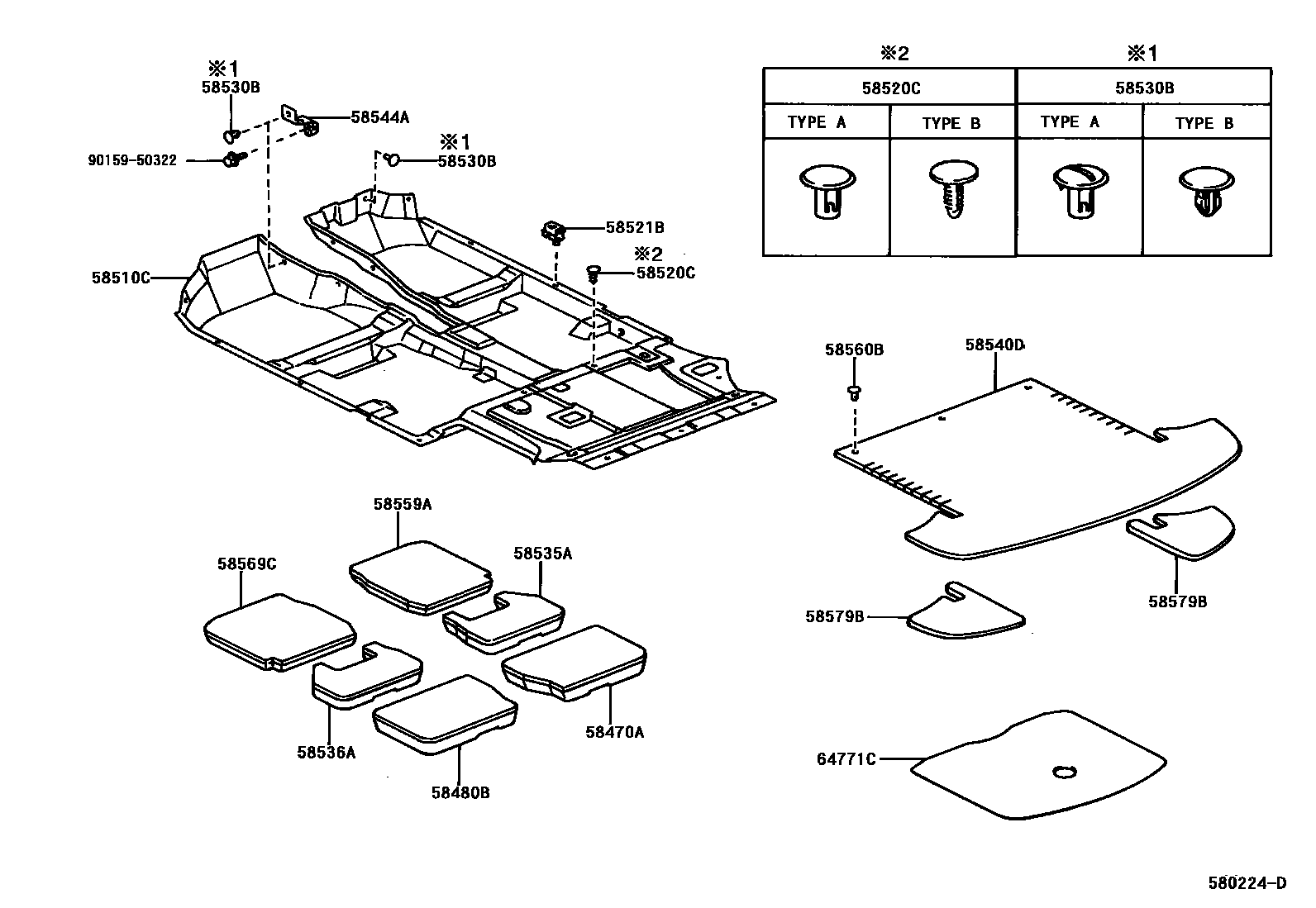 Toyota COROLLA 地板垫和地毯 EPC diagram — 580224D