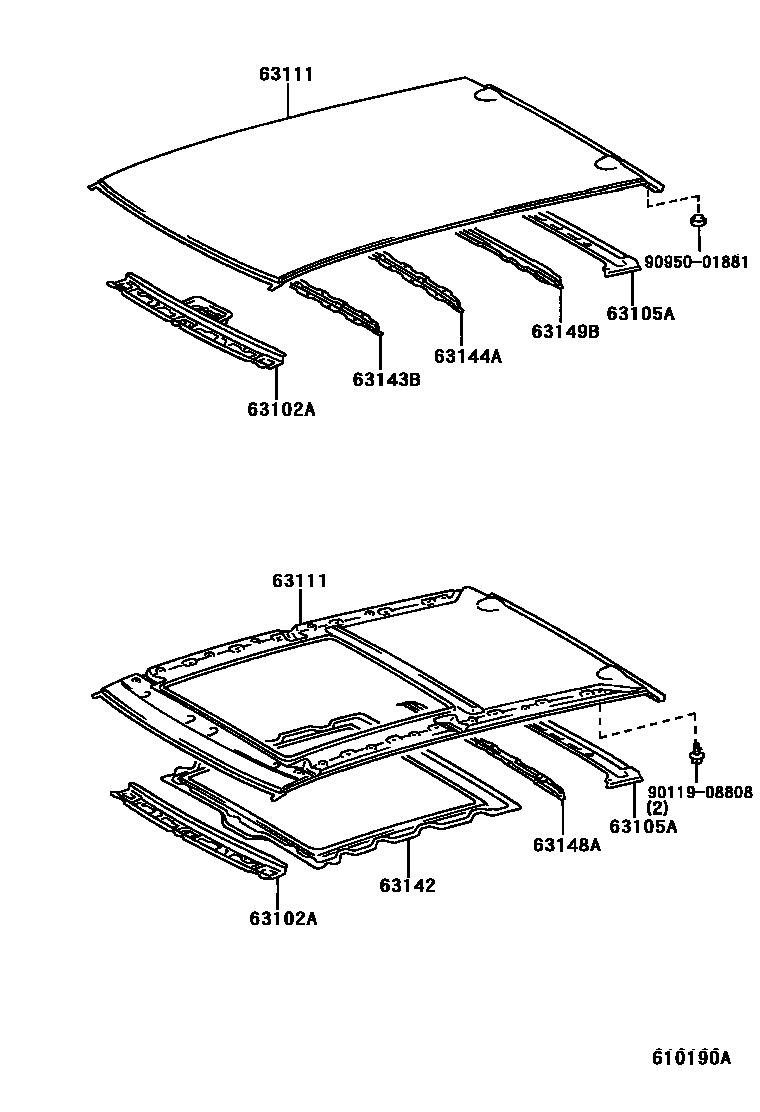 Toyota COROLLA 天窗板和背窗玻璃 EPC diagram — 610190A