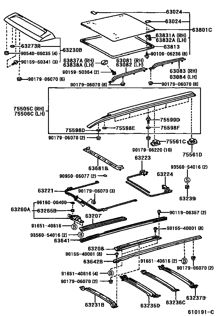 Toyota COROLLA 天窗板和背窗玻璃 EPC diagram — 610191C