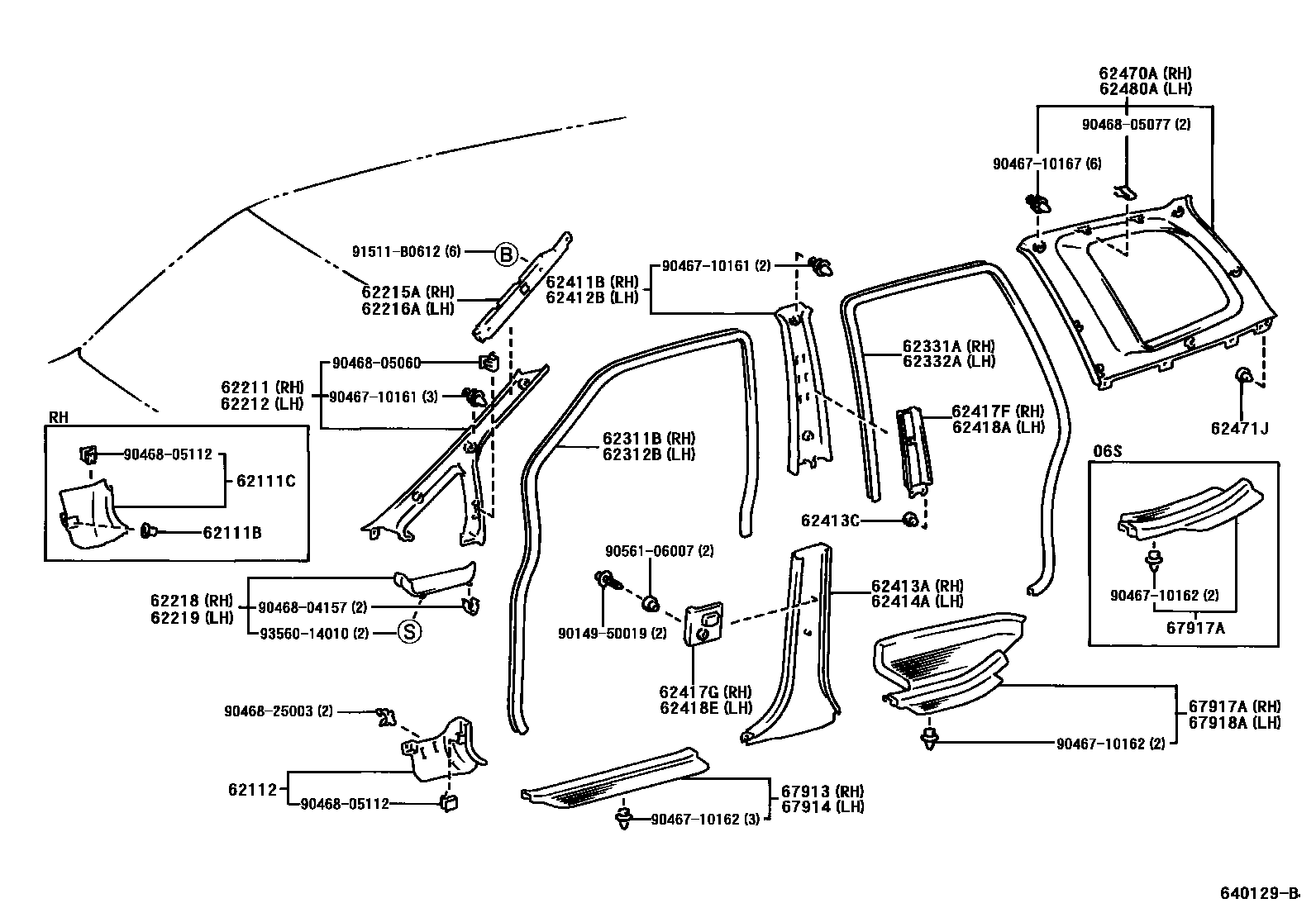 Toyota COROLLA 内饰板和车门防水胶条 EPC diagram — 640129B