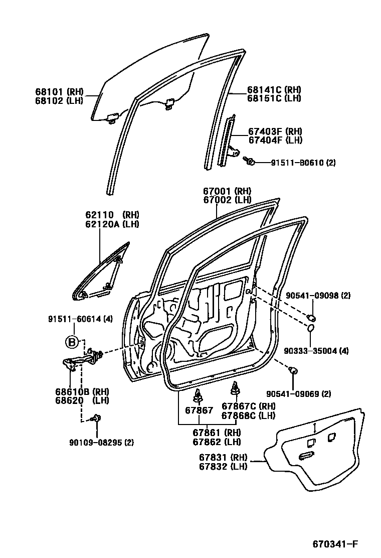 Toyota COROLLA 前门板和前门玻璃 EPC diagram — 670341F