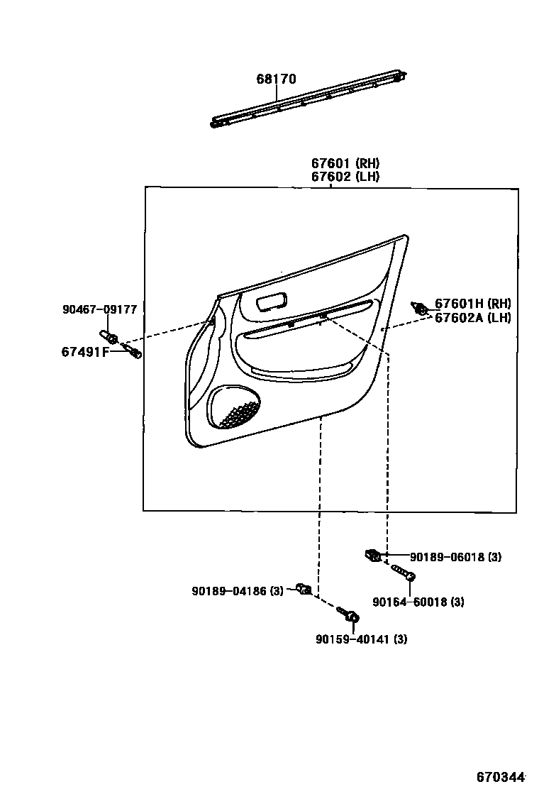 Toyota COROLLA 前门板和前门玻璃 EPC diagram — 670344