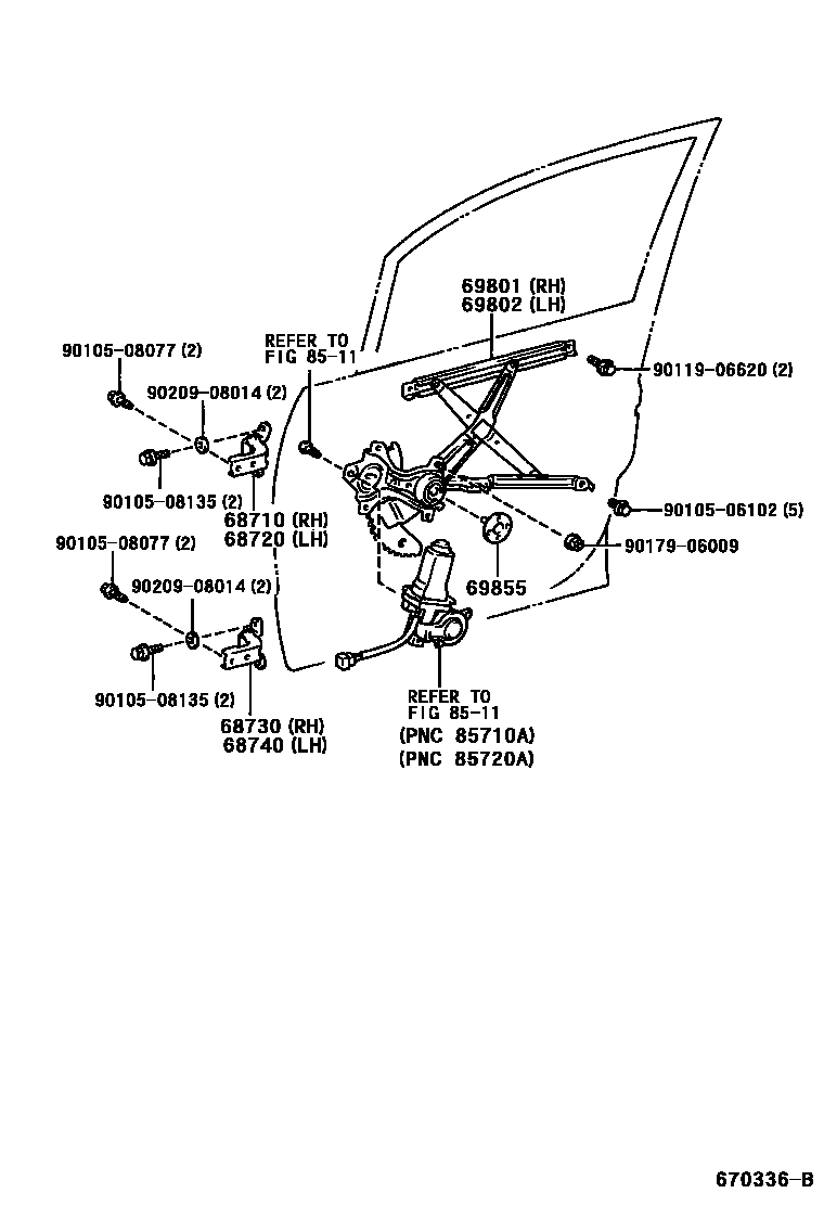 Toyota COROLLA 前门车窗升降器和合页 EPC diagram — 670336B