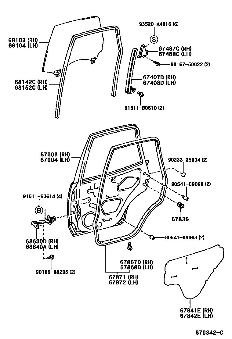 Toyota COROLLA 后门板和后门玻璃 EPC diagram — 670342C