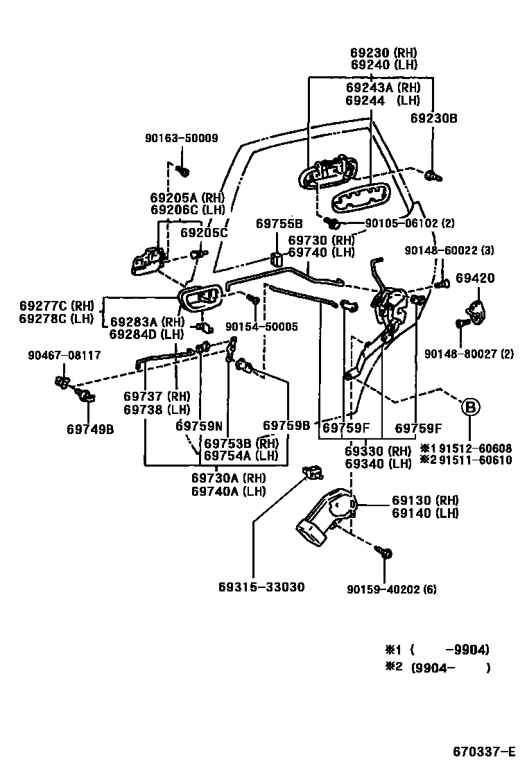 Toyota COROLLA 后门锁和后门把手 EPC diagram — 670337E