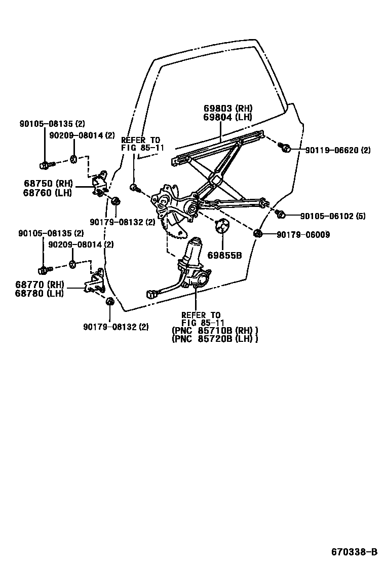 Toyota COROLLA 后门车窗升降器和合页 EPC diagram — 670338B