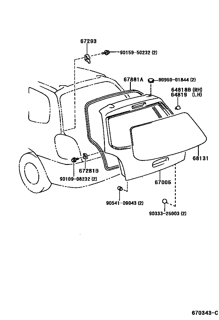 Toyota COROLLA 背门板和背门玻璃 EPC diagram — 670343C