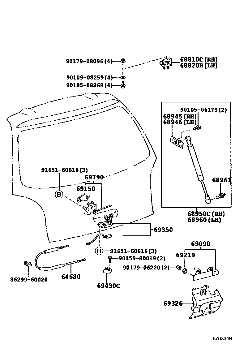 Toyota COROLLA 背门锁和背门把手 EPC diagram — 670334B