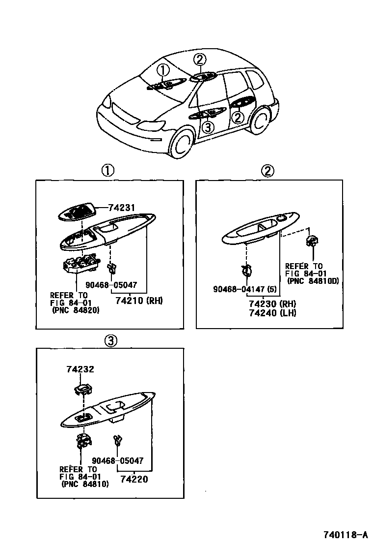 Toyota COROLLA 扶手和遮阳板 EPC diagram — 740118A