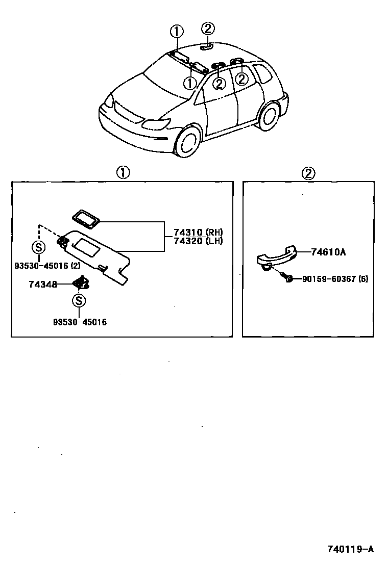 Toyota COROLLA 扶手和遮阳板 EPC diagram — 740119A