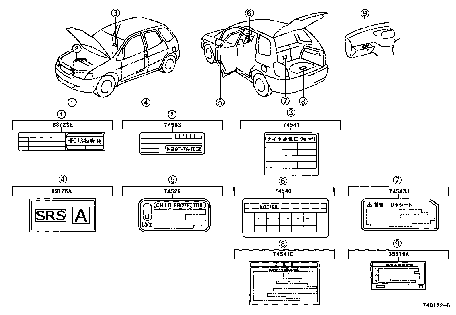 Toyota COROLLA 警示铭牌(车外和车内) EPC diagram — 740122G