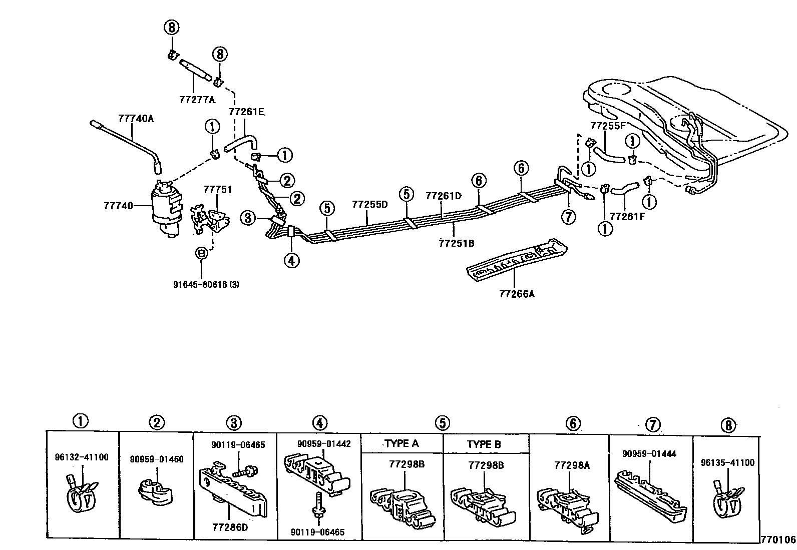 Toyota COROLLA 燃油箱和燃油管 EPC diagram — 770106