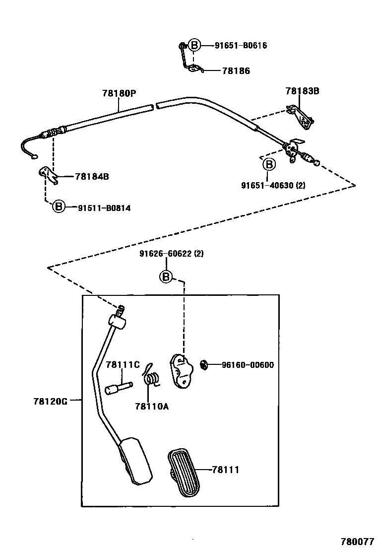 Toyota COROLLA accelerator pedal connecting rod EPC diagram — 780077