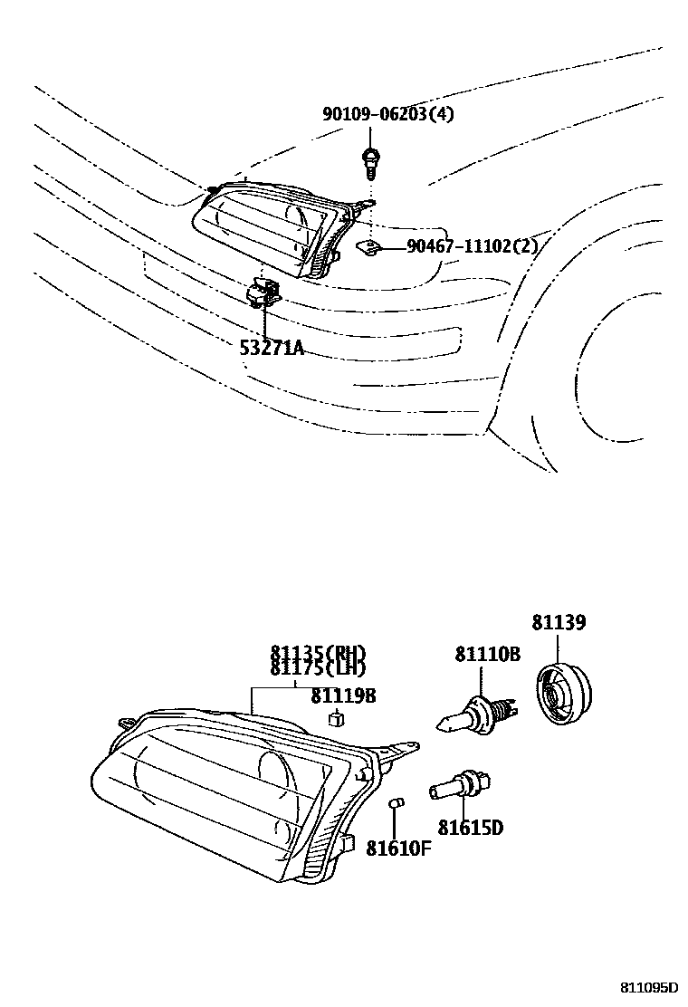 Toyota COROLLA Headlamp EPC diagram — 811095D