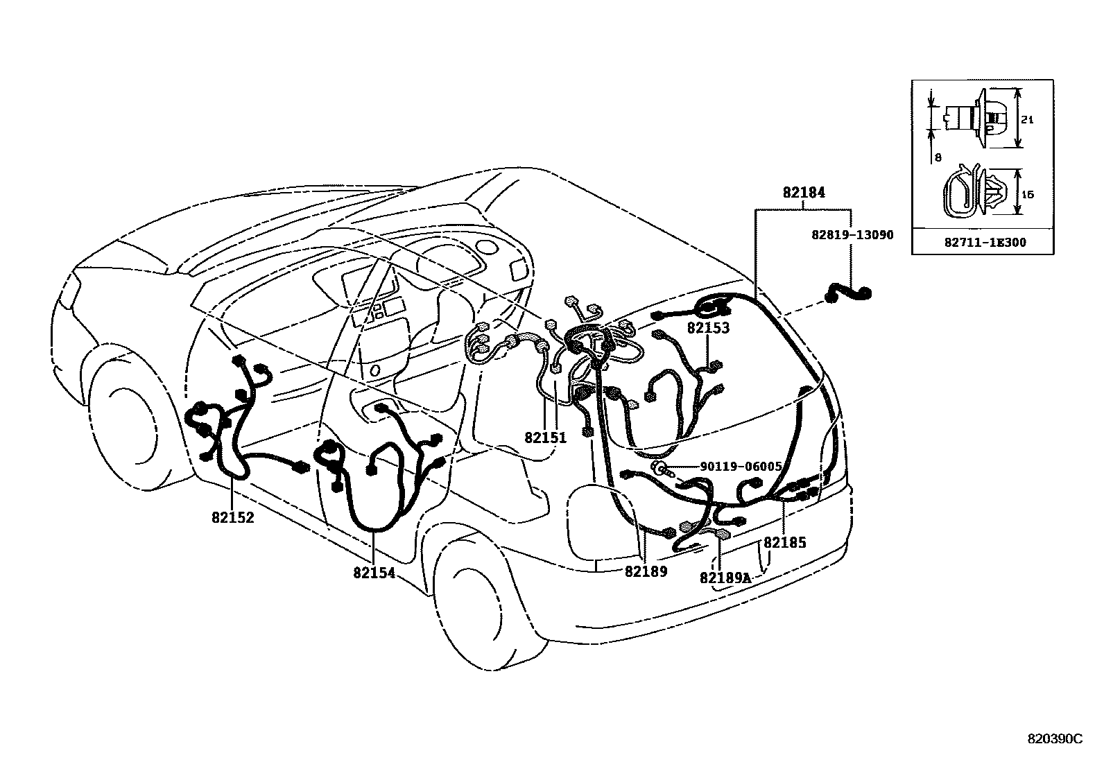 Toyota COROLLA 线束和卡夹 EPC diagram — 820390C