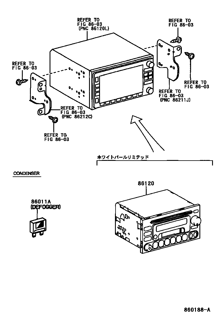 Toyota COROLLA 收音机、放大器和冷凝器 EPC diagram — 860188A