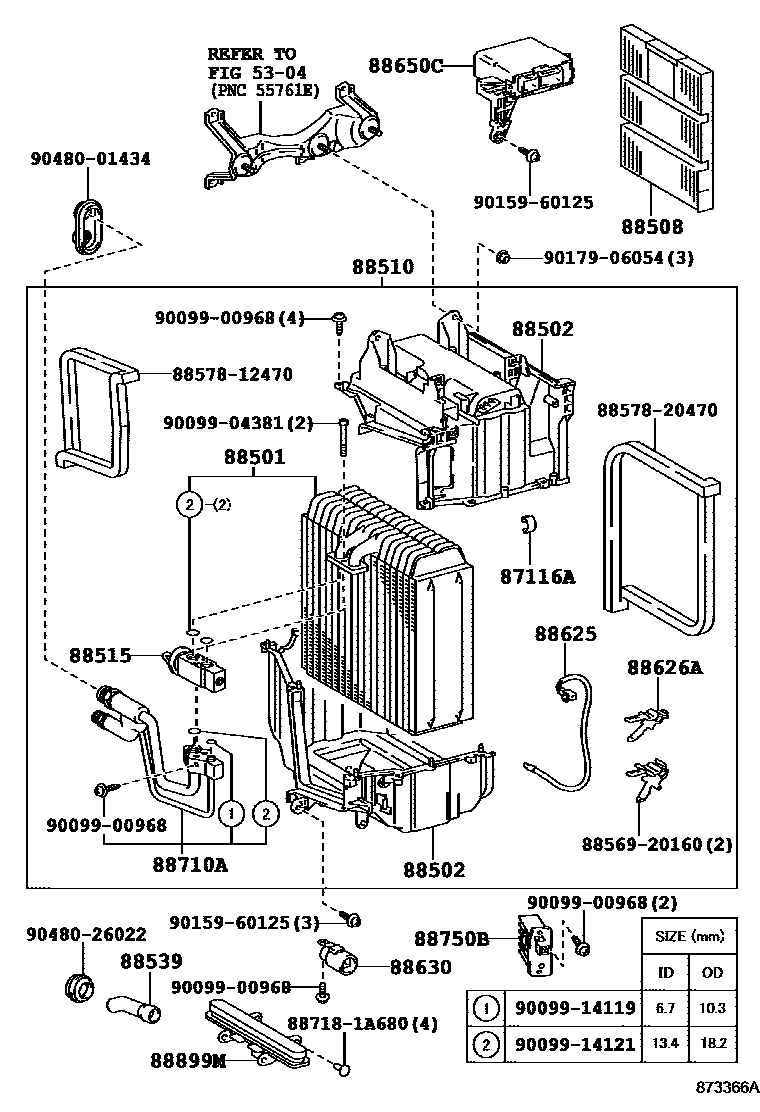 Toyota COROLLA 暖风和空调系统 - 冷却器组件 EPC diagram — 873366A