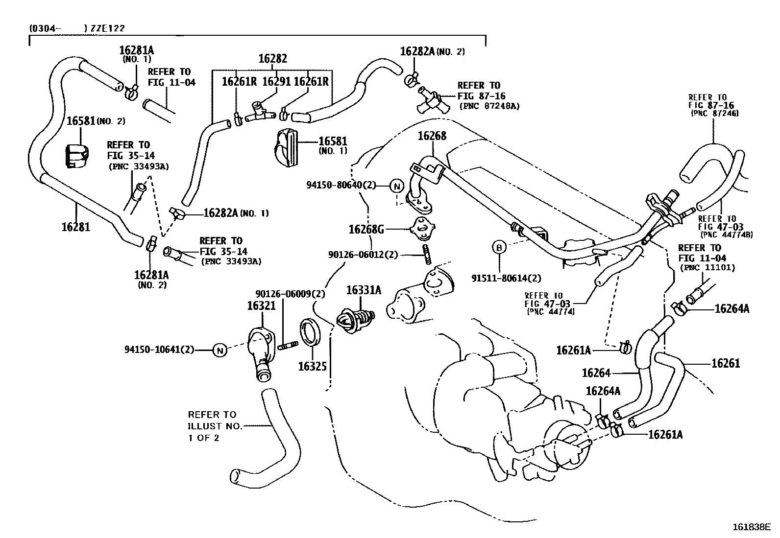 Toyota COROLLA RADIATOR & WATER OUTLET EPC diagram — 161838E