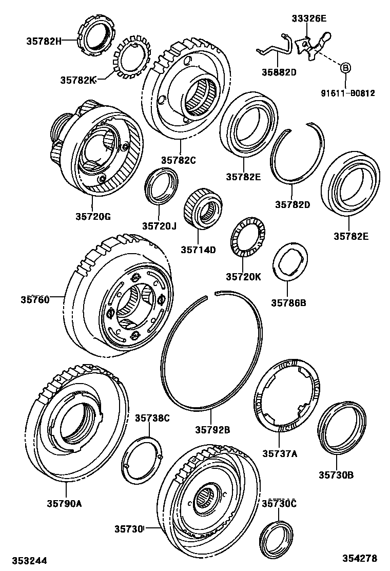 Toyota COROLLA 行星齿轮、倒档活塞和中间轴齿轮(ATM) EPC diagram — 354278