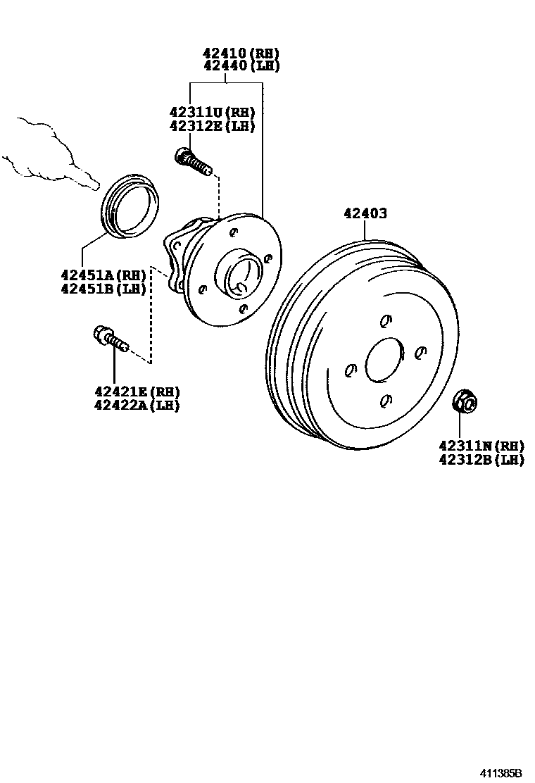 Toyota COROLLA 后桥半轴和后桥轮毂 EPC diagram — 411385B