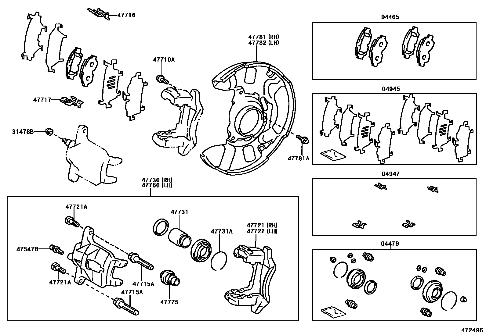 Toyota COROLLA 前盘式制动器卡钳和防尘罩 EPC diagram — 472496