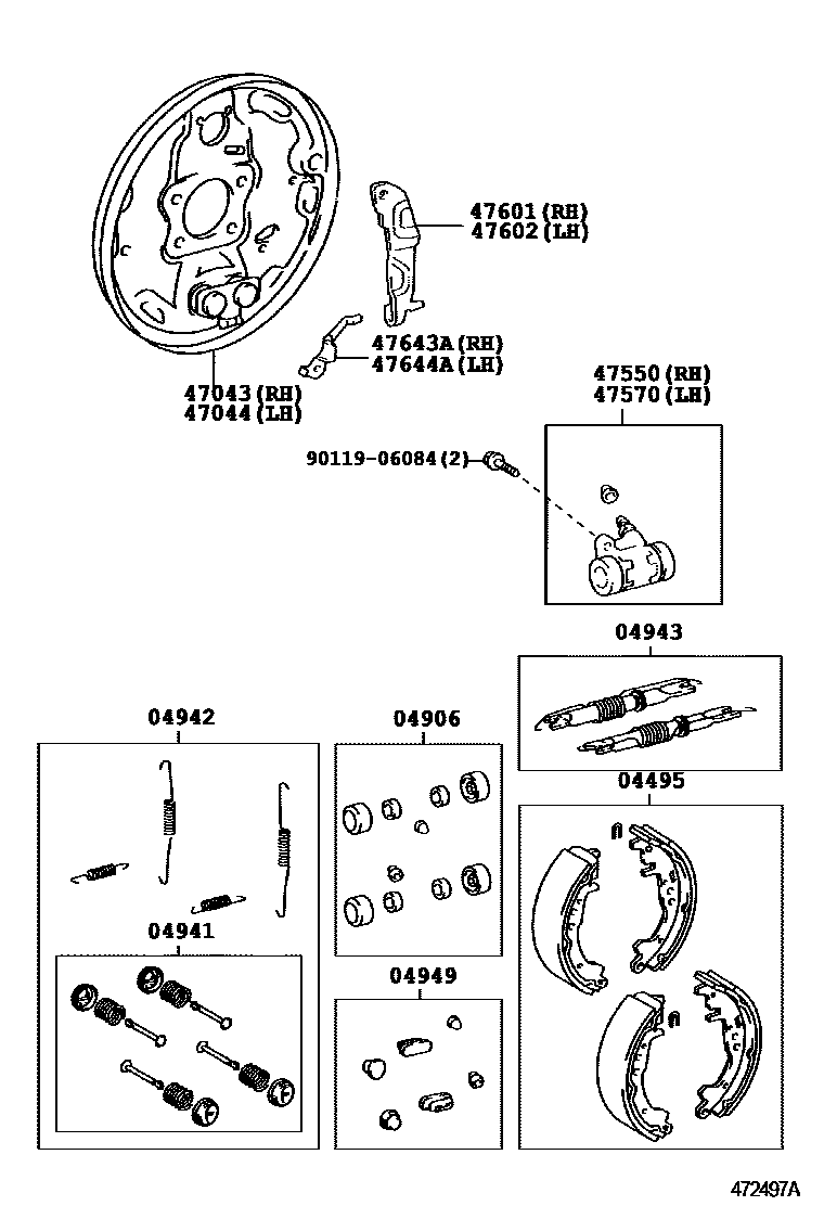 Toyota COROLLA 后鼓式制动器分泵和底板 EPC diagram — 472497A