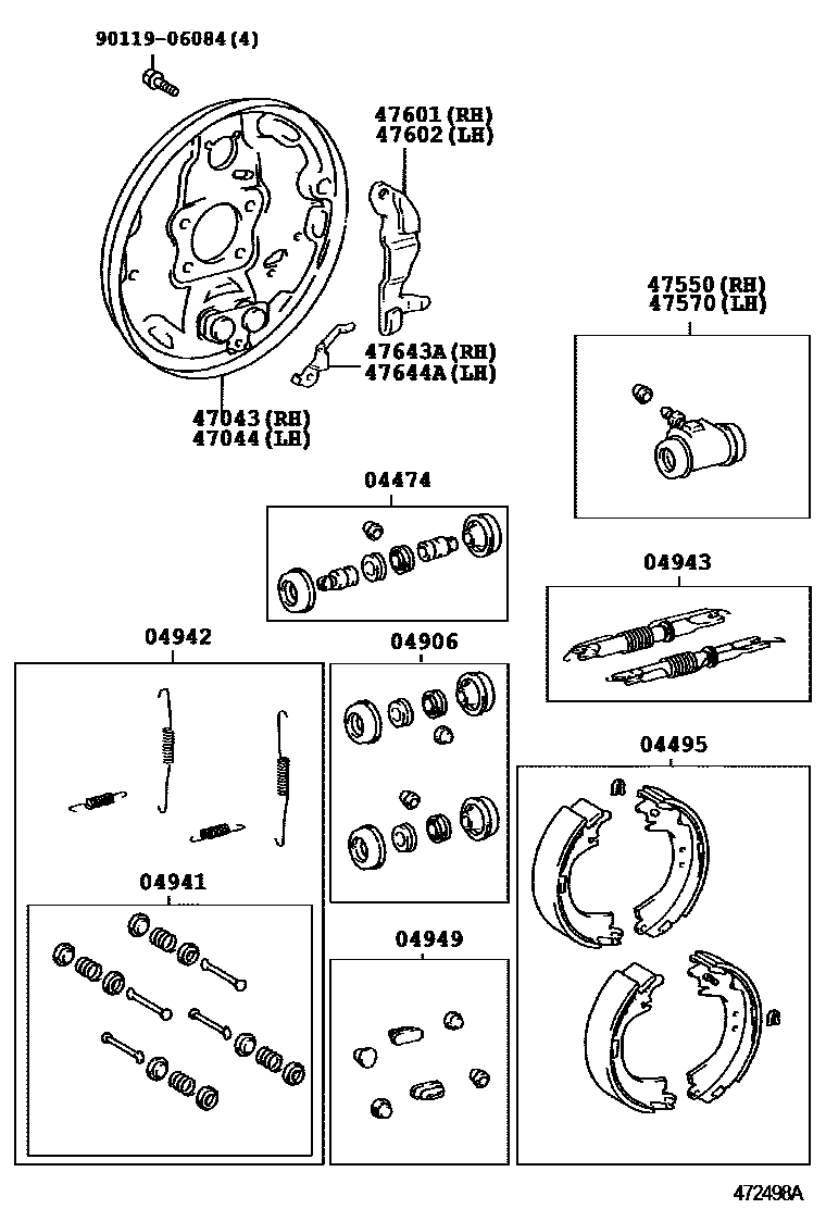 Toyota COROLLA 后鼓式制动器分泵和底板 EPC diagram — 472498A