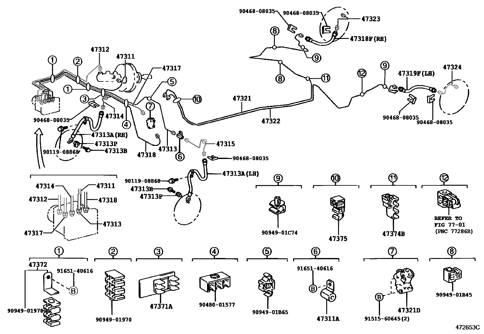 Toyota COROLLA 制动配管和卡箍 EPC diagram — 472653C