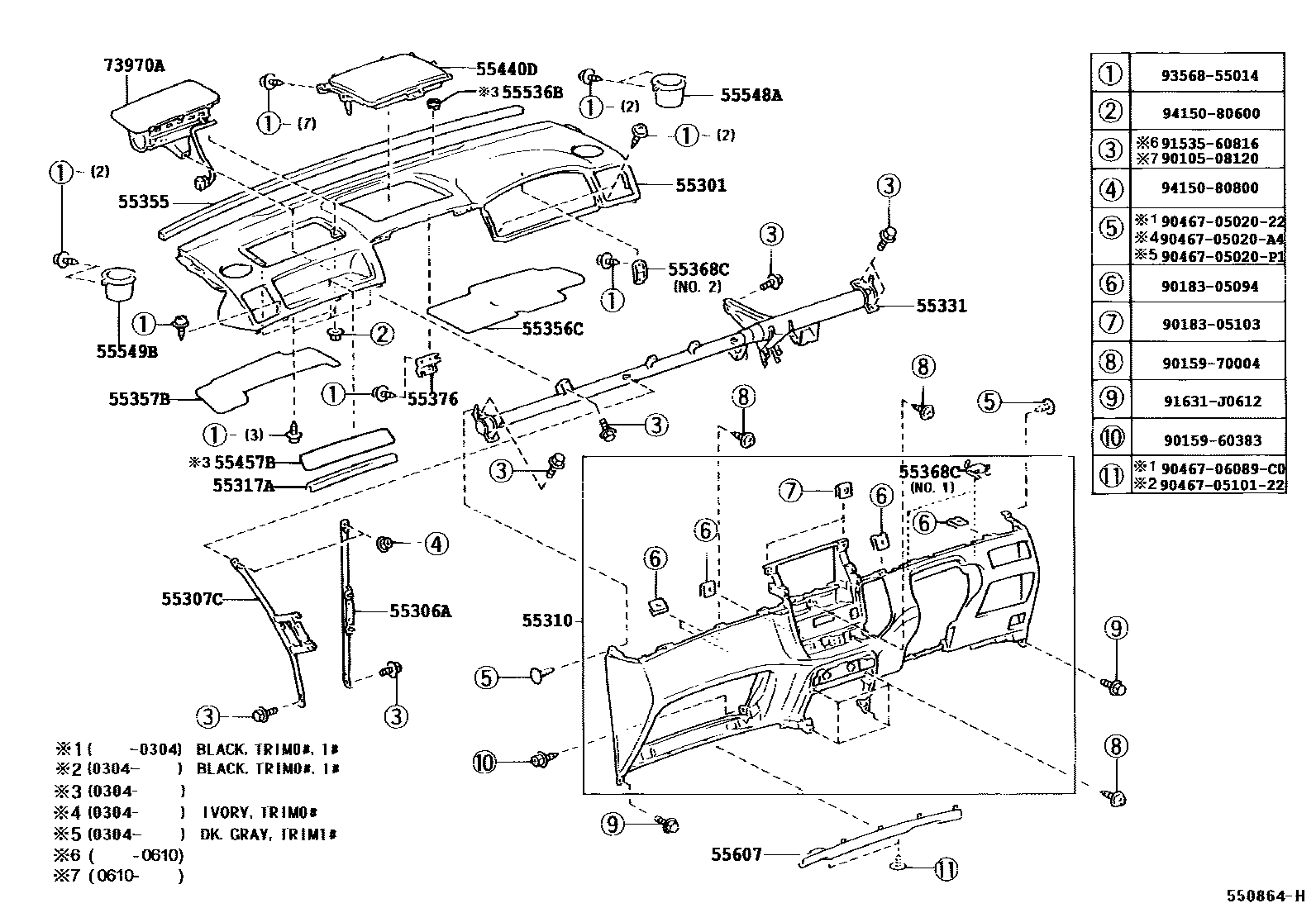 Toyota COROLLA 仪表板和手套箱 EPC diagram — 550864I