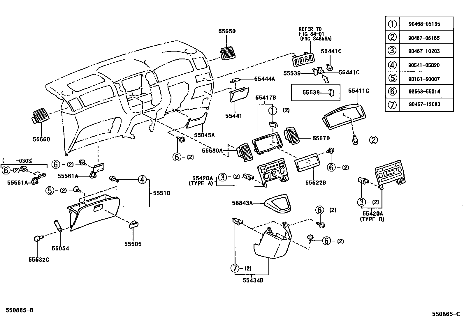 Toyota COROLLA 仪表板和手套箱 EPC diagram — 550865C