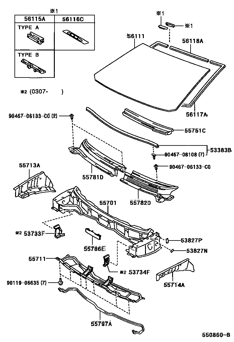 Toyota COROLLA 前围板和挡风玻璃 EPC diagram — 550860B