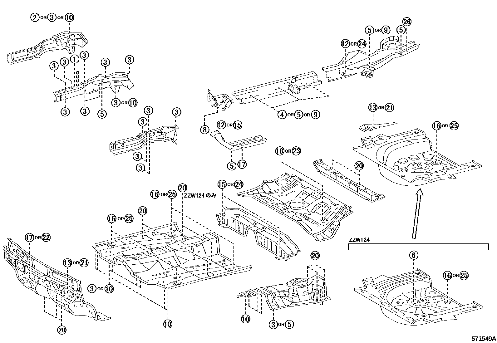 Toyota COROLLA hole plug EPC diagram — 571549A