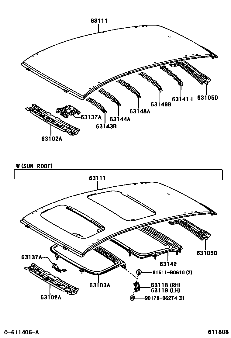 Toyota COROLLA 天窗板和背窗玻璃 EPC diagram — 611808