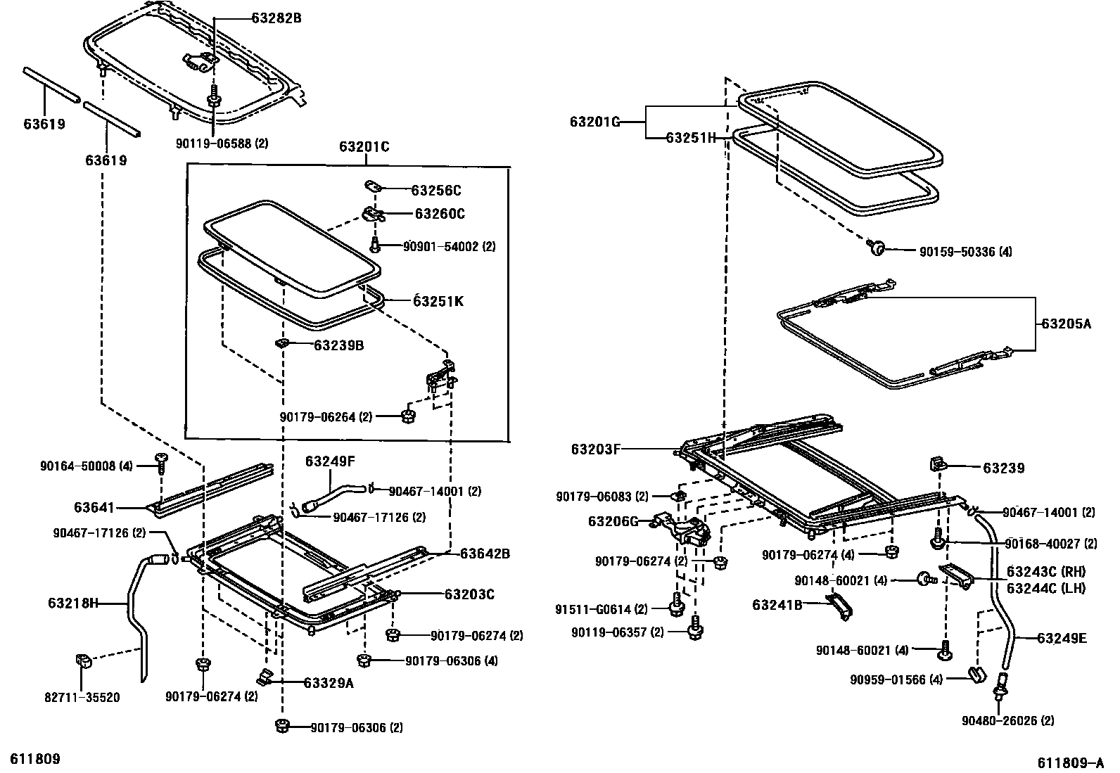 Toyota COROLLA 天窗板和背窗玻璃 EPC diagram — 611809A