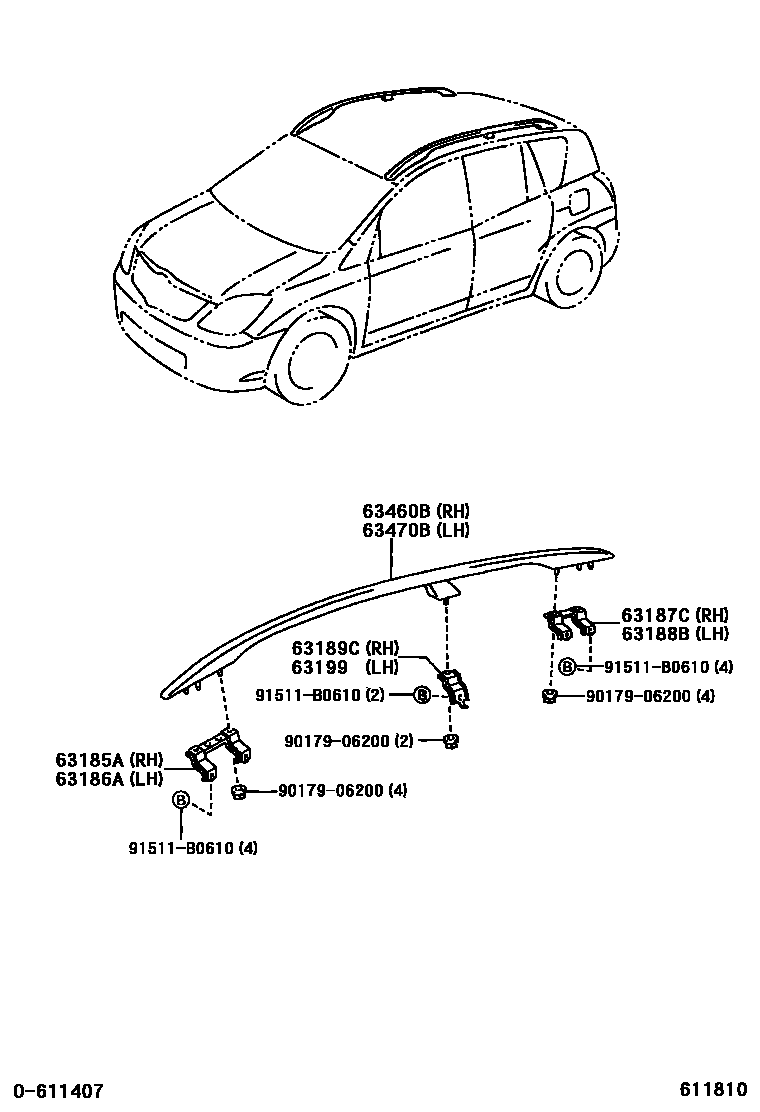 Toyota COROLLA 天窗板和背窗玻璃 EPC diagram — 611810