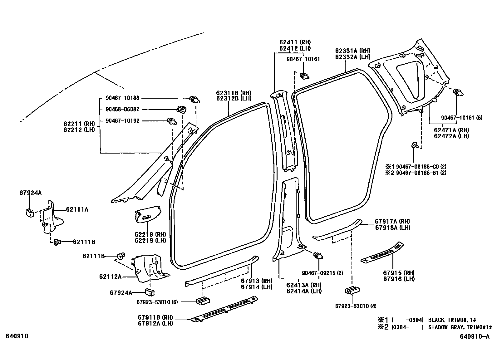Toyota COROLLA 内饰板和车门防水胶条 EPC diagram — 640910A