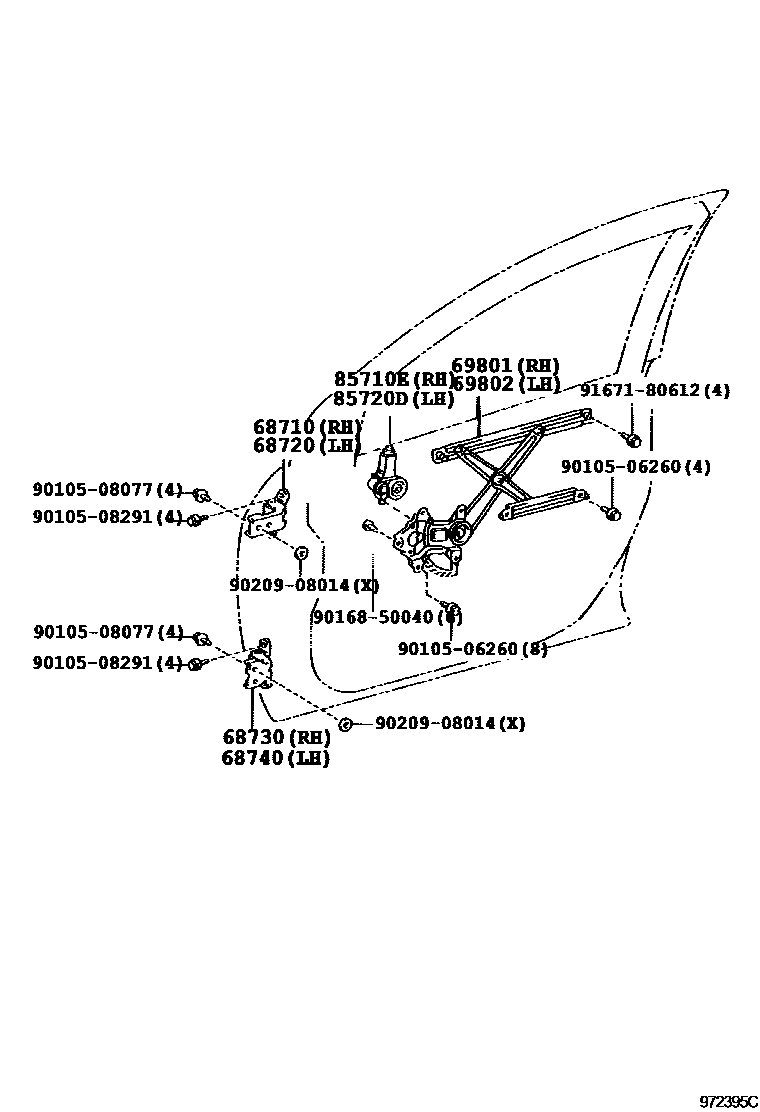 Toyota COROLLA 前门车窗升降器和合页 EPC diagram — 672395C