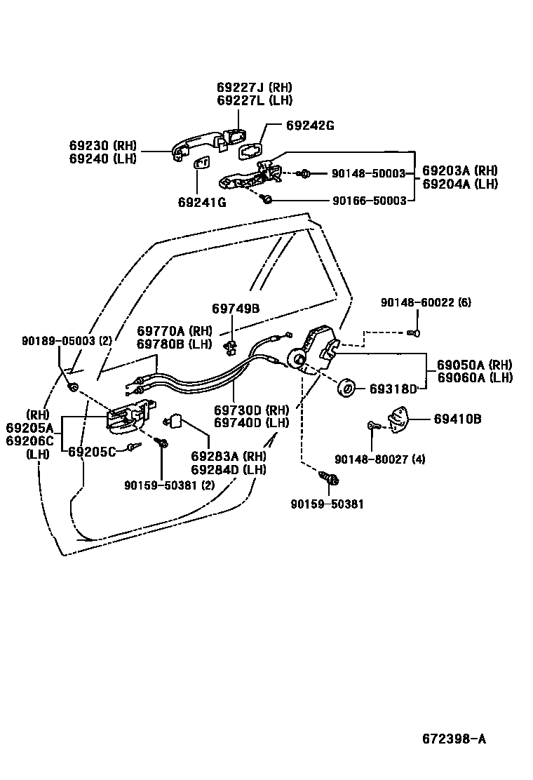 Toyota COROLLA 后门锁和后门把手 EPC diagram — 672398A