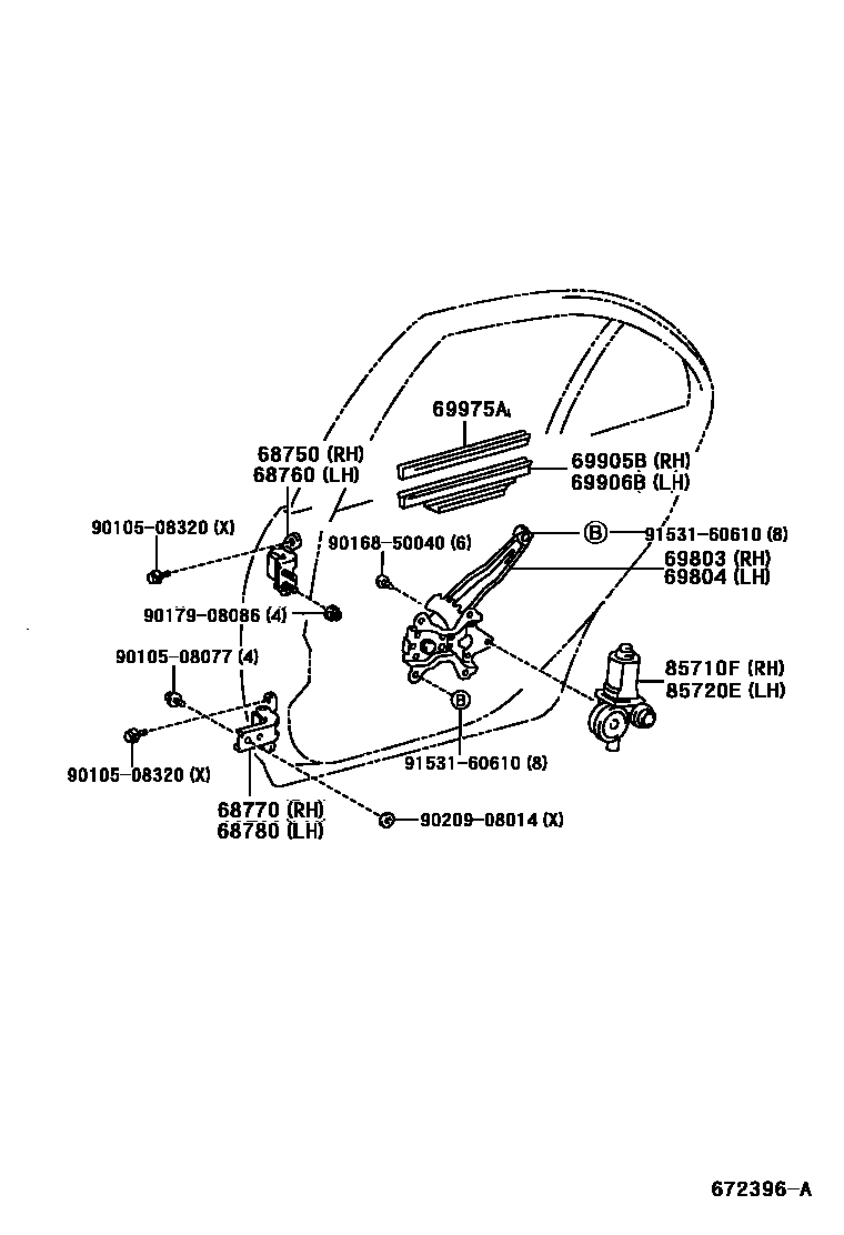Toyota COROLLA 后门车窗升降器和合页 EPC diagram — 672396A